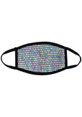 BGlittz Technicolor 2.0 Black Dust Mask in holographic multi with honeycomb laser cut holographic detail on breathable nylon rave festival face mask — front view