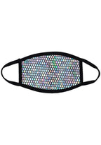 BGlittz Technicolor 2.0 Black Dust Mask in holographic multi with honeycomb laser cut holographic detail on breathable nylon rave festival face mask — front view
