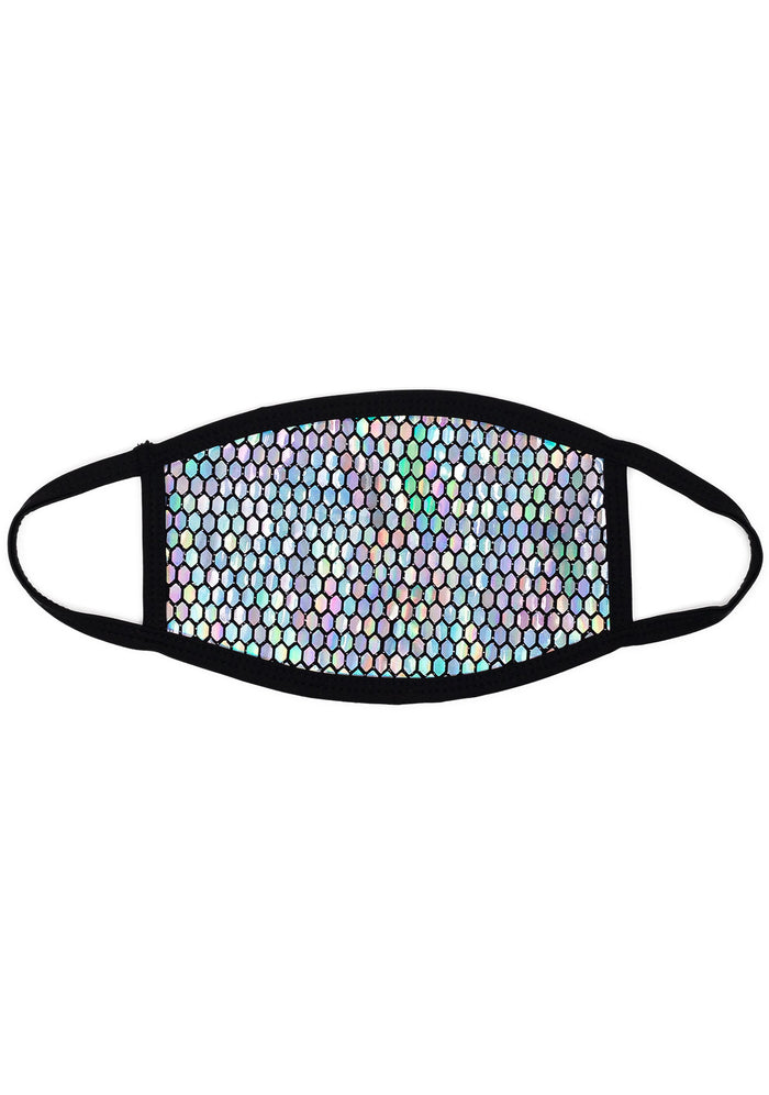BGlittz Technicolor 2.0 Black Dust Mask in holographic multi with honeycomb laser cut holographic detail on breathable nylon rave festival face mask — front view
