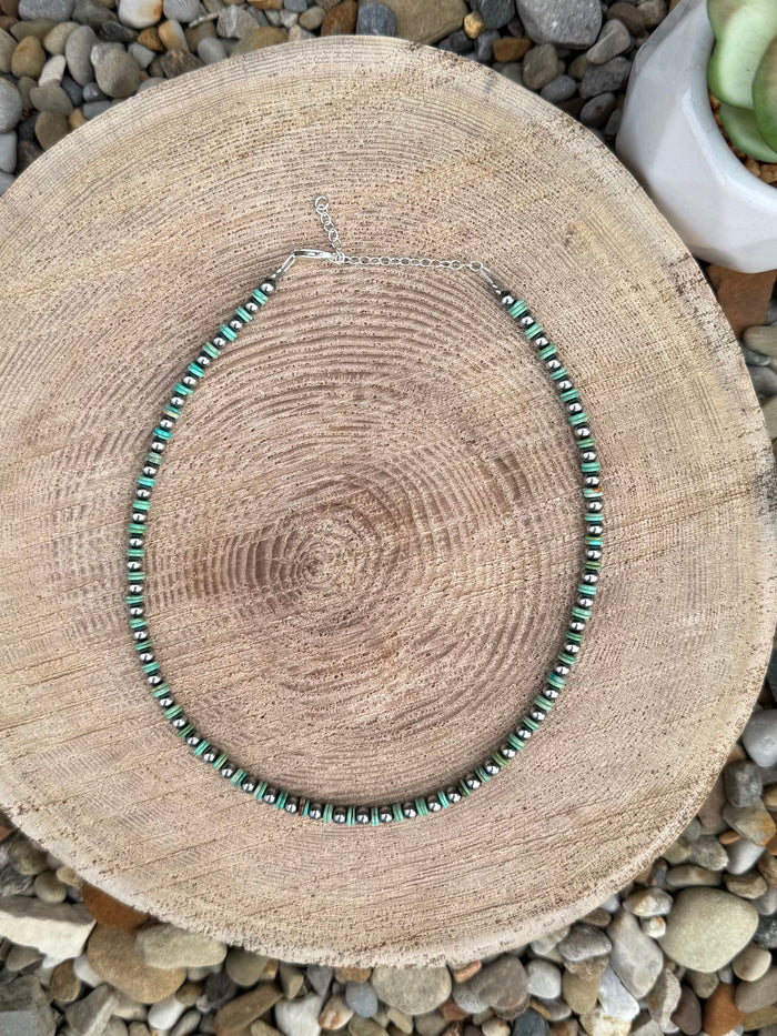The Bijoux FAB 14" Sterling Silver Pearls & Green Heishi Choker Necklace NEC-STE-163-TUR
