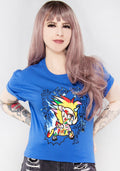 tokidoki Toki Anime T-Shirt in blue with Unicorno graphic on front on 100% cotton kawaii rave tee — model front view