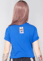 tokidoki Toki Anime T-Shirt in blue with Unicorno graphic on front on 100% cotton kawaii rave tee — model back view