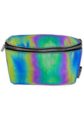 Fydelity Ultra Slim Shadowbanned Reflective Fanny Pack in rainbow with reflective material on festival belt bag — front view