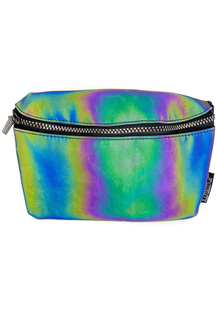 Fydelity Ultra Slim Shadowbanned Reflective Fanny Pack in rainbow with reflective material on festival belt bag — front view