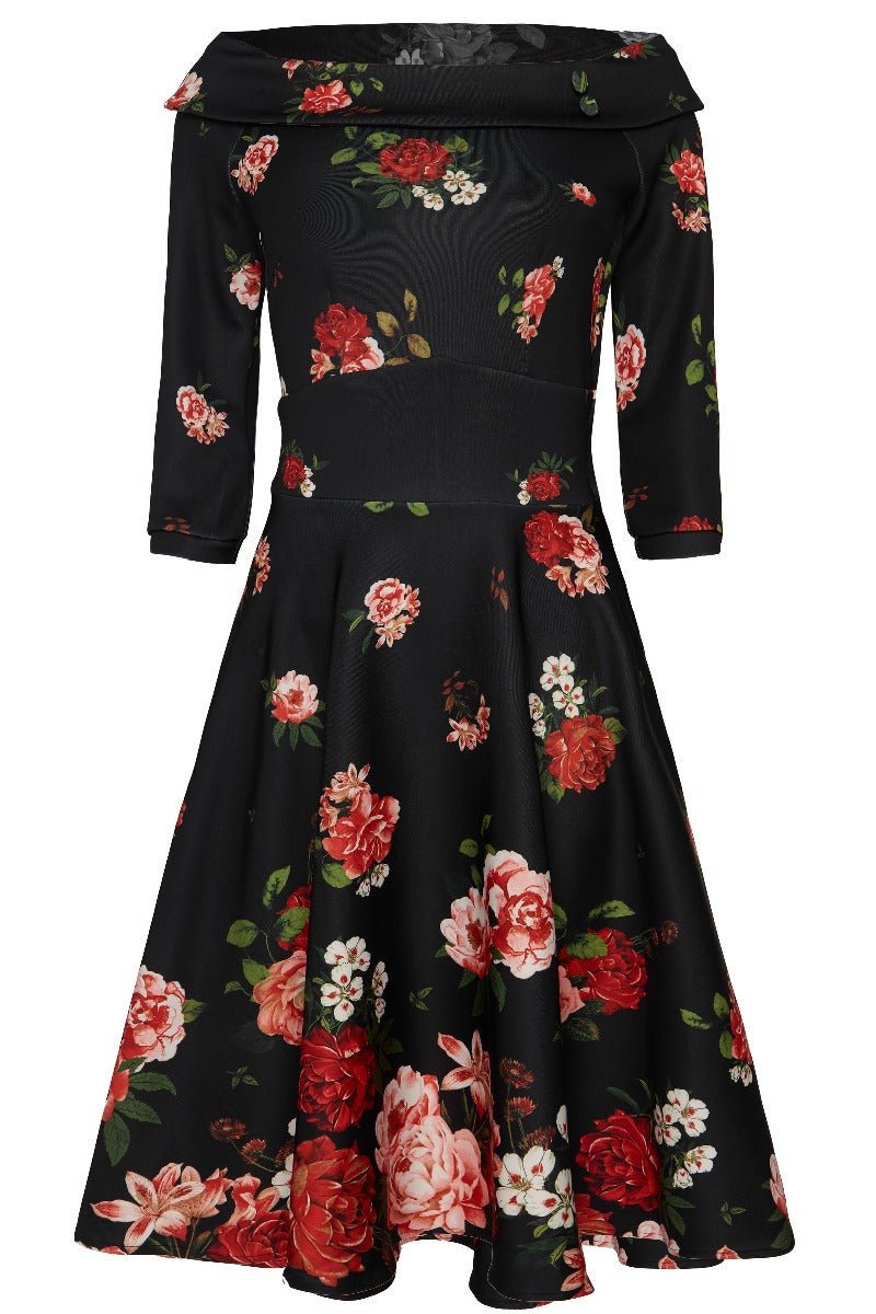 Deborah Flattering Swing Dress - Black with Raising Rose