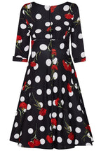 Debra 3-4-Sleeved Stretchy Black Dress Polka Dot & Roses
