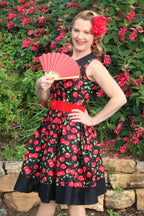 Hazel Vintage Swing Dress in Black/Red Cherry Print