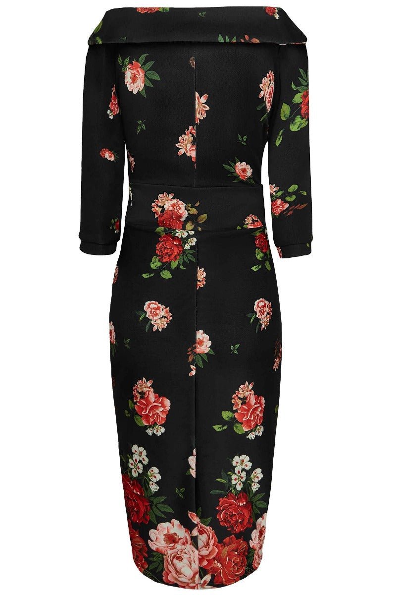 Denise Vintage Inspired Wiggle Dress with Raising Roses in Black