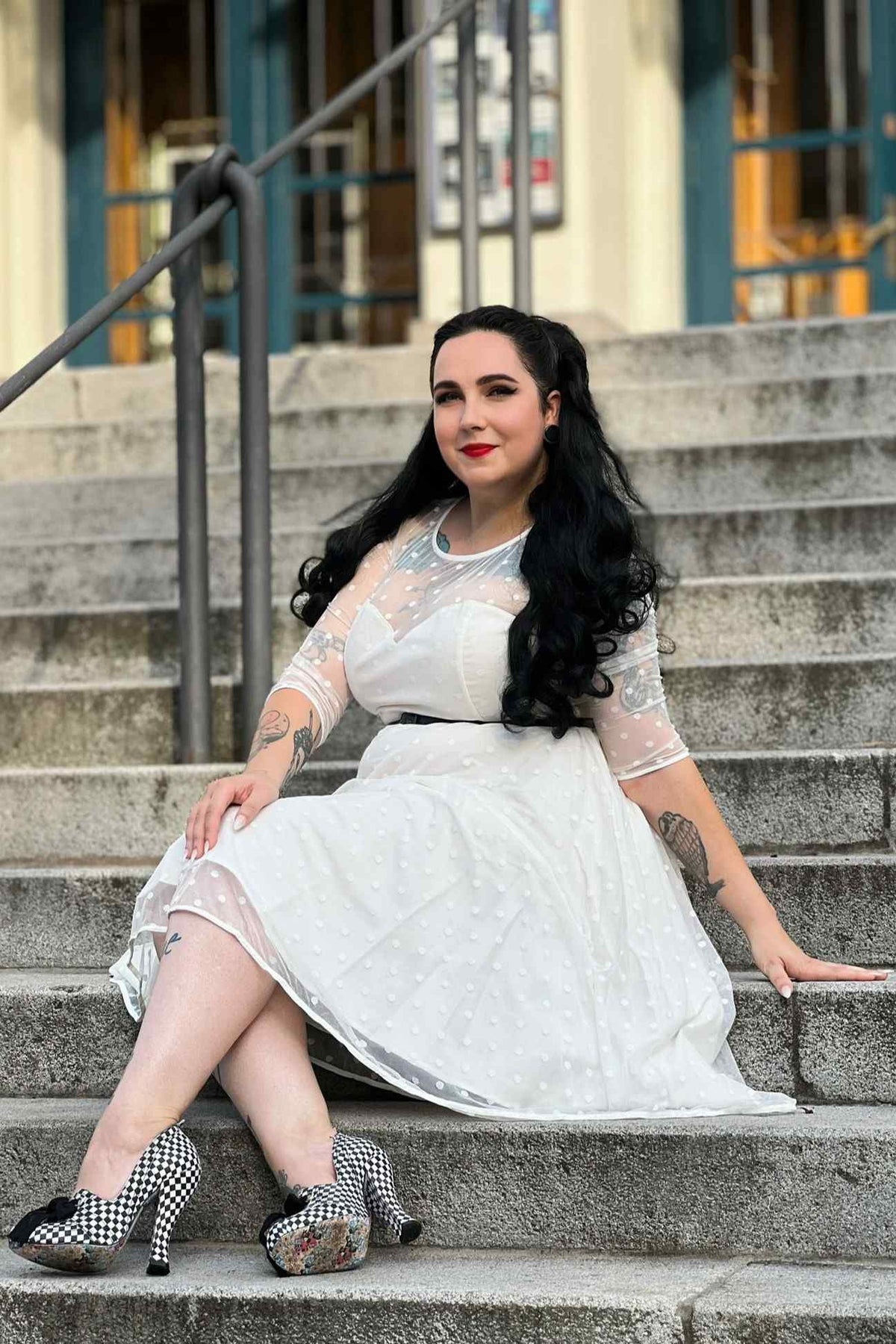 Madeline White Polka Dot Mesh Formal Dress
