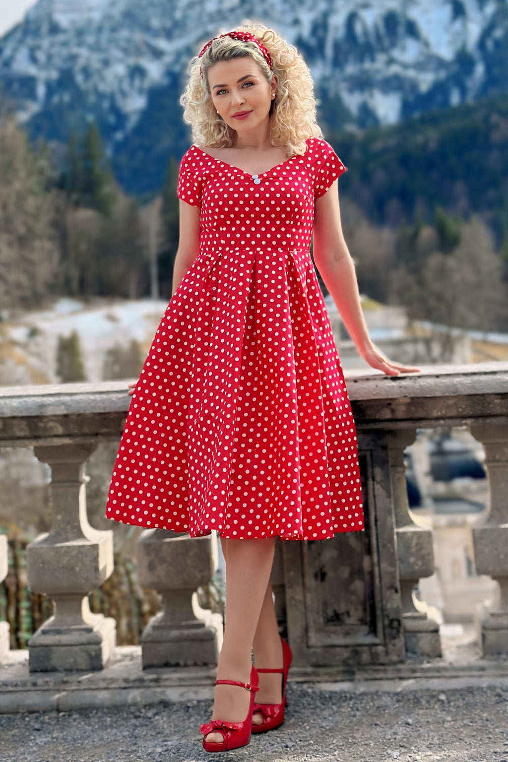 Lily Off-Shoulder 50's Polka Dot Swing Dress in Red/White