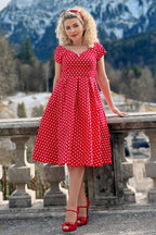 Lily Off-Shoulder 50's Polka Dot Swing Dress in Red/White