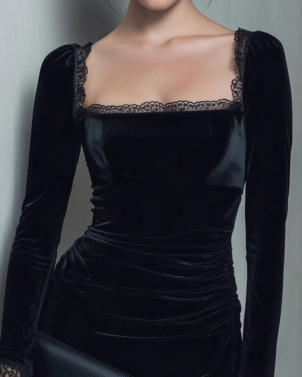Black Square Neck Velour Mini Dress