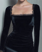 Black Square Neck Velour Mini Dress
