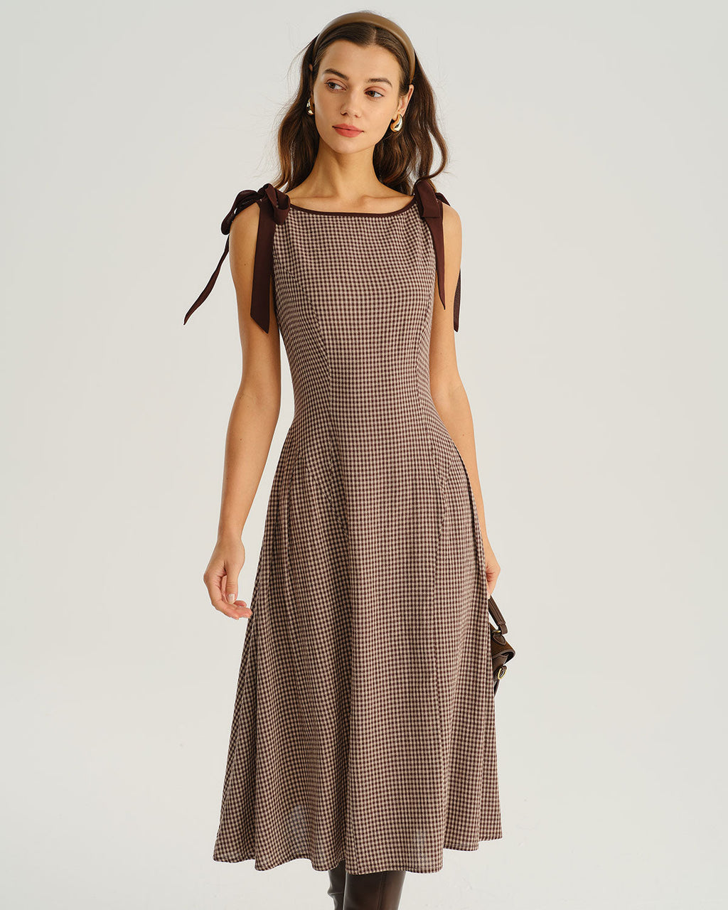 Brown Plaid Boat Neck A-Line Midi Dress