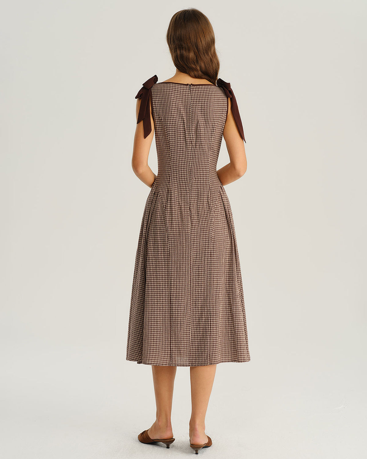 Brown Plaid Boat Neck A-Line Midi Dress
