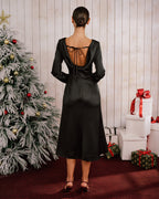 Black Satin Boat Neck Backless Midi Dress