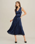 Blue V Neck A-Line Sleeveless Midi Dress