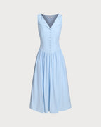 Blue V Neck Button Sleeveless Midi Dress