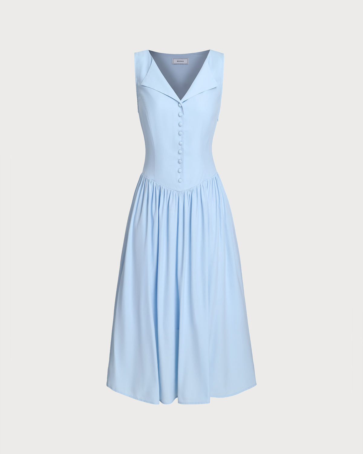 Blue V Neck Button Sleeveless Midi Dress