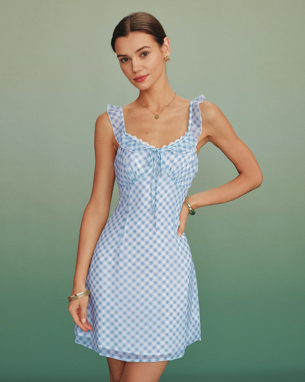Blue Plaid Splicing Slip Mini Dress