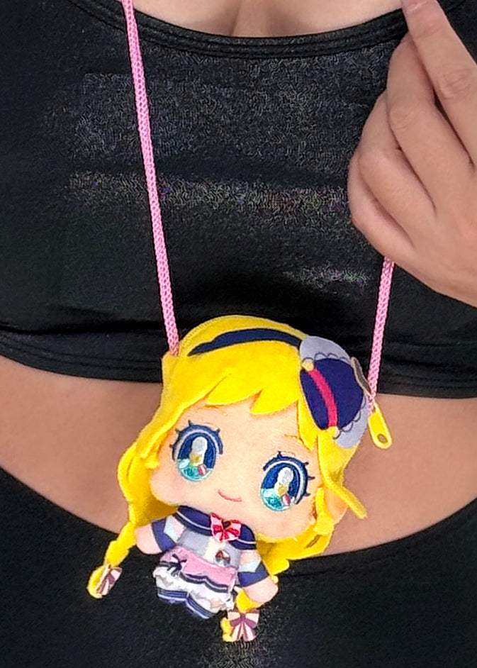 Bandai Wonderful PreCure Inukai Iroha Plush Mascot Mini Pouch in yellow with 3D chibi Iroha magical girl design — detail view