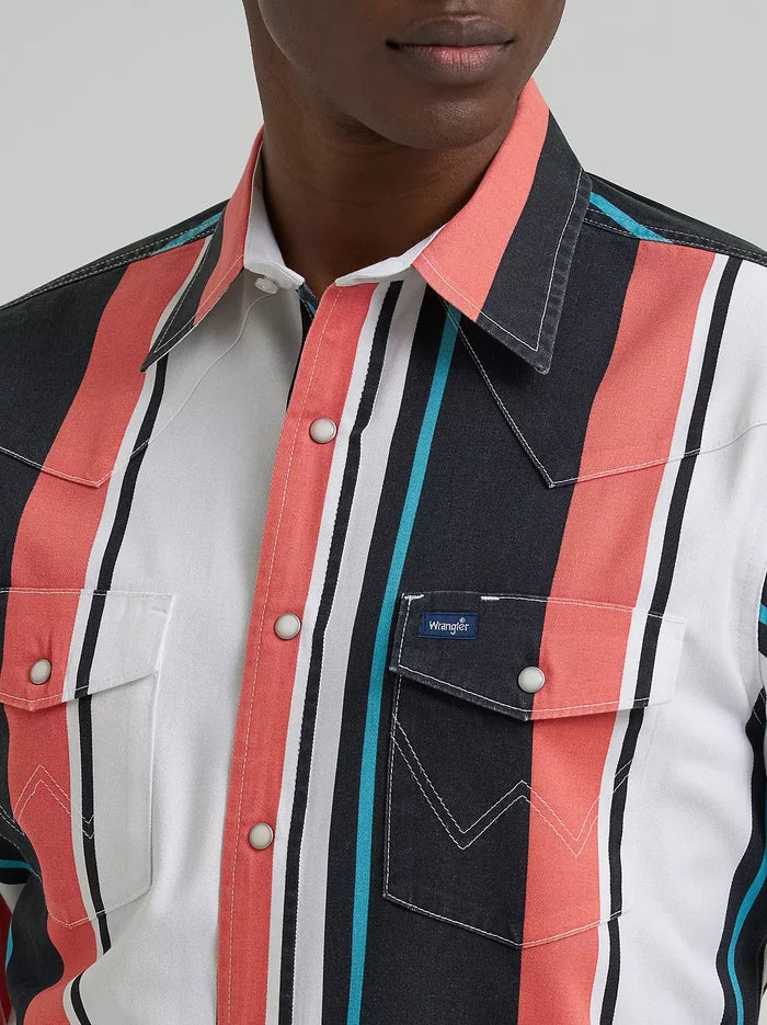 Wrangler Men's Burning Coral Striped Brushpopper Pearl Snap Long Sleeve Western Shirt 112381997