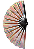 Daftboy X LASR Lucid Warrior Iridescent Fluid Rave Fan in black with clear iridescent fabric and black bamboo ribbing on festival rave fan — front view