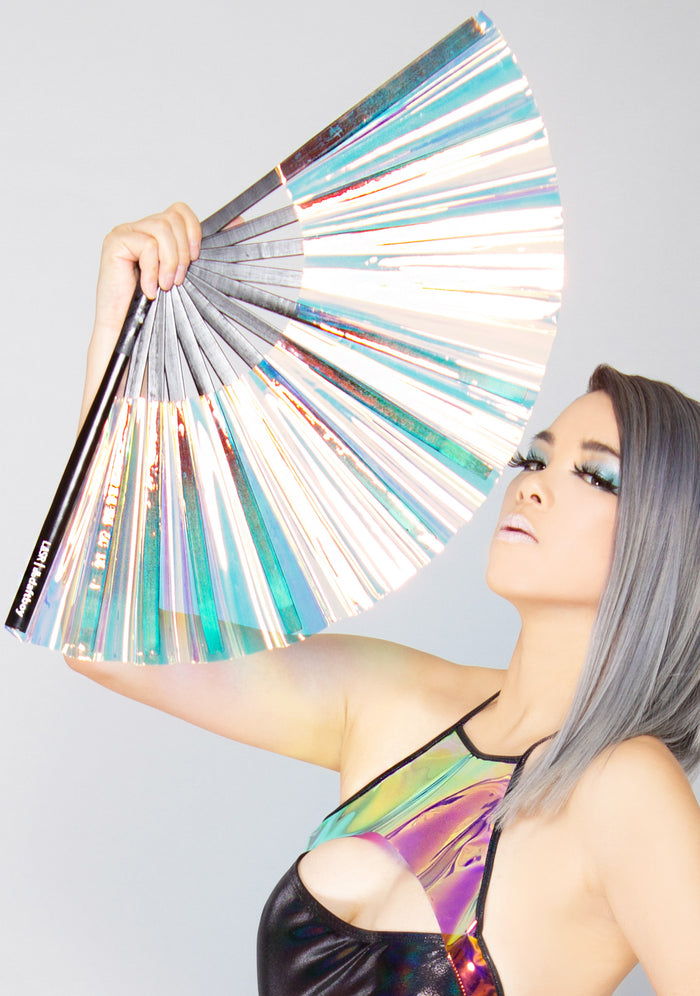 Daftboy X LASR Lucid Warrior Iridescent Fluid Rave Fan in black with clear iridescent fabric and black bamboo ribbing on festival rave fan — model view 2