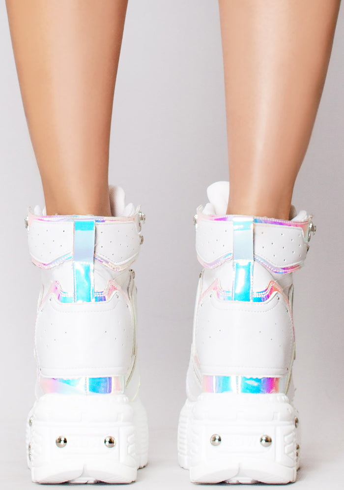 Anthony Wang X LASR Exclusive Digital Dream Platform Wedge Sneakers in white vegan leather with studded platform sole and iridescent trimmings worn by model — back view