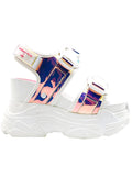 Anthony Wang LASR Exclusive Virtuosity Platform Sandals in white mesh nylon with holographic iridescent PVC trimmings and velcro metal buckle closure — front view