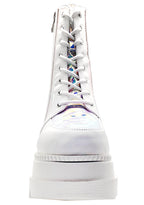 Studio front profile of the Cape Robbin X LASR exclusive white boots, emphasizing the wide textured toe cap, matching white laces, and the rugged, teeth-textured platform tread.