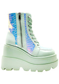 Cape Robbin X LASR Exclusive RADIO Prismatic Sage Platform Boots in mint green vegan leather, featuring an iridescent python textured upper and a chunky matching platform sole.