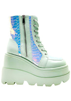 Cape Robbin X LASR Exclusive RADIO Prismatic Sage Platform Boots in mint green vegan leather, featuring an iridescent python textured upper and a chunky matching platform sole.