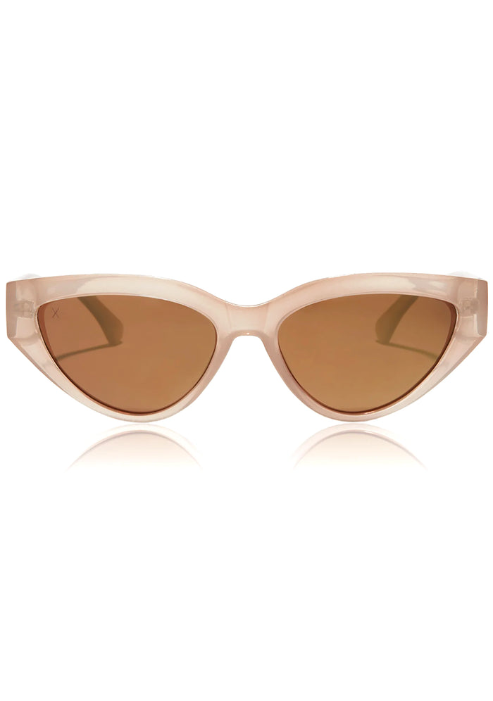 Dime Optics X Les Do Makeup Last Call Polarized Sunglasses in milky nude brown gold flash with sophisticated frame on rave festival sunglasses — front view